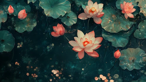 Lotus lanterns quietly bloom across moonlit teal water