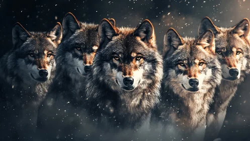 Wolf pack portrait in falling snow, focused forward gaze.