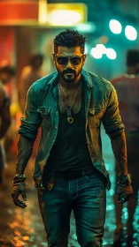 Man in casual streetwear walking through wet night alley.