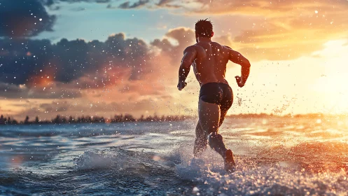Sunlit athlete sprints through ocean waves at vivid sunset