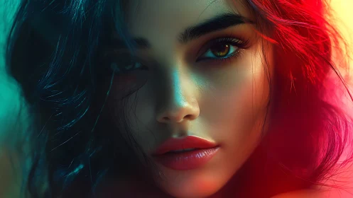 Neon-lit digital portrait with intense cinematic gaze.
