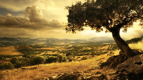 Golden hillside oak overlooking sunlit agrarian valley.