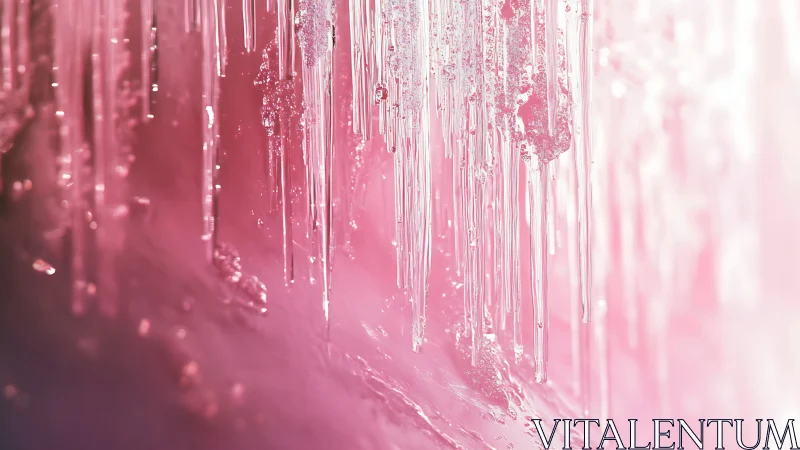 Pink-tinted icicles hang vertically against soft blurred light.