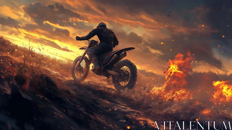 Lone rider on dirt bike racing through fiery sunset storm.