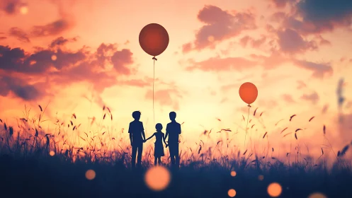 Silhouetted family holding balloons in golden sunset field