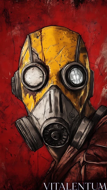Bold yellow gas mask portrait against gritty red backdrop.