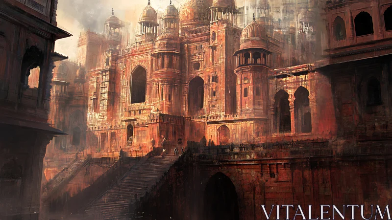 Sunlit crimson palace rises above worn stone stairways