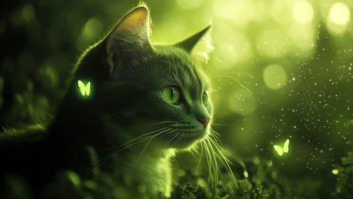 Luminescent Feline: Mystical Cat Amid Emerald Enchantment.