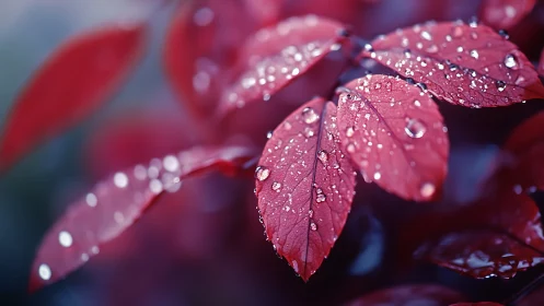 Macro photograph isolates crimson leaves with raindrop bokeh
