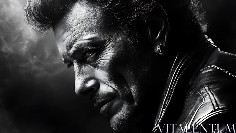 Moody black and white portrait of stern man in leather jacket.