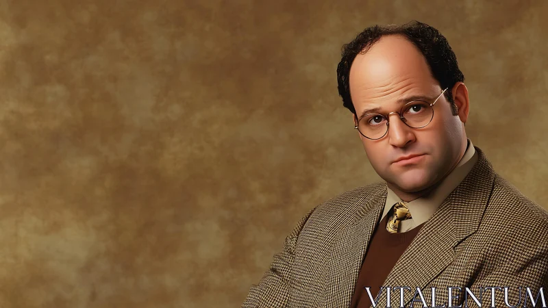 Studio portrait of bespectacled man in tweed under warm keylight.