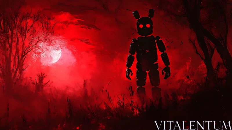 Red forest night with looming robotic figure under moon.