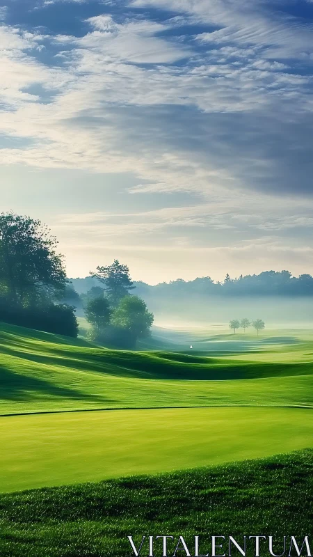 Morning mist over rolling fairways on lush golf course.