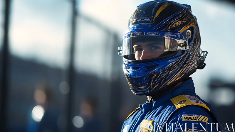 Racing driver portrait isolates reflective helmet under soft bokeh