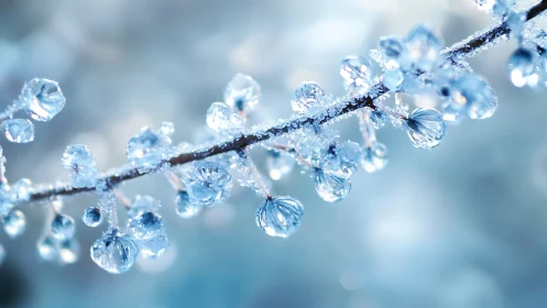 Macro study of frozen water droplets on frosted winter twig