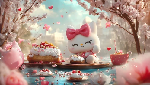 Whimsical Cat Figure Surrounded by Treats and Cherry Blossoms