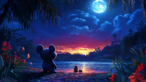 Moonlit tropical lagoon with stylized characters at sunset