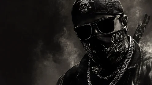 Masked street figure in dark monochrome smoke scene.