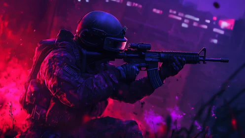 Soldier in tactical gear aims rifle in neon urban battlefield