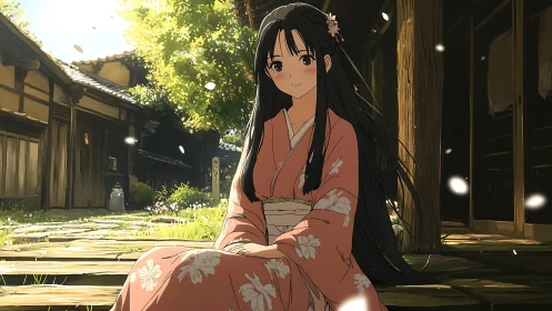 Young woman in kimono sits in traditional wooden courtyard