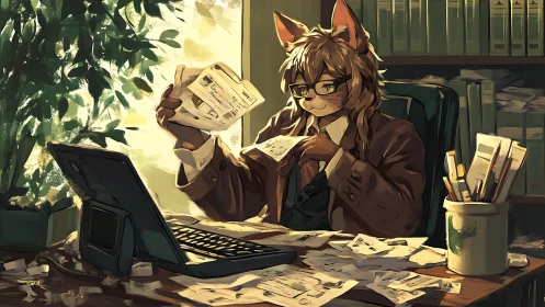 Anthropomorphic office worker reviewing documents at desk.