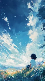 Child sits on hillside under expansive blue sky and clouds