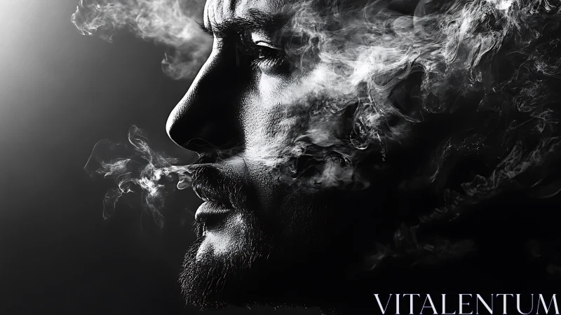 Monochrome male profile partially obscured by exhaled smoke.