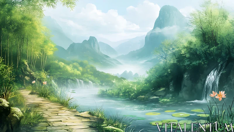 Serene riverside path winds through misty mountains and falls.