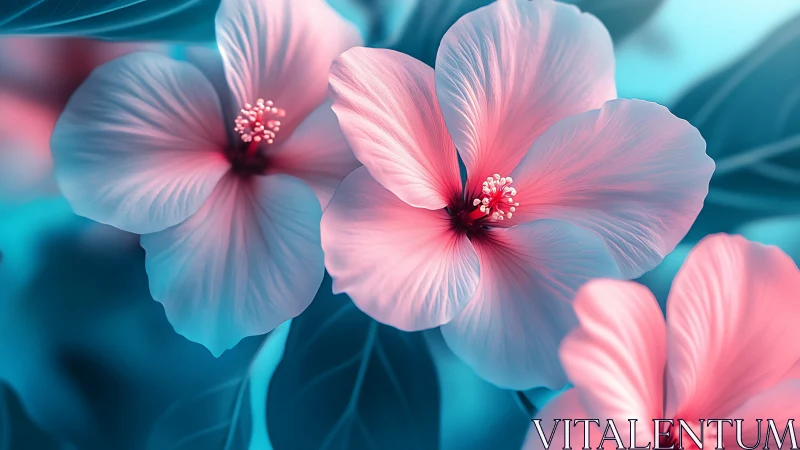 Pink hibiscus flowers bloom against teal backdrop.