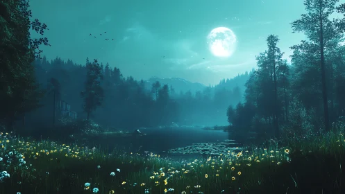 Moonlit forest lake with misty pines and glowing wildflowers.