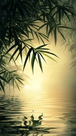 Bamboo foliage over still reflective water at diffuse sunrise
