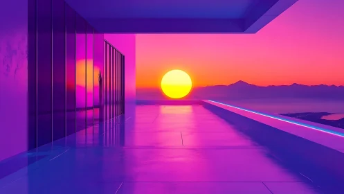 Neon-lit modern terrace overlooks stylized sunset horizon