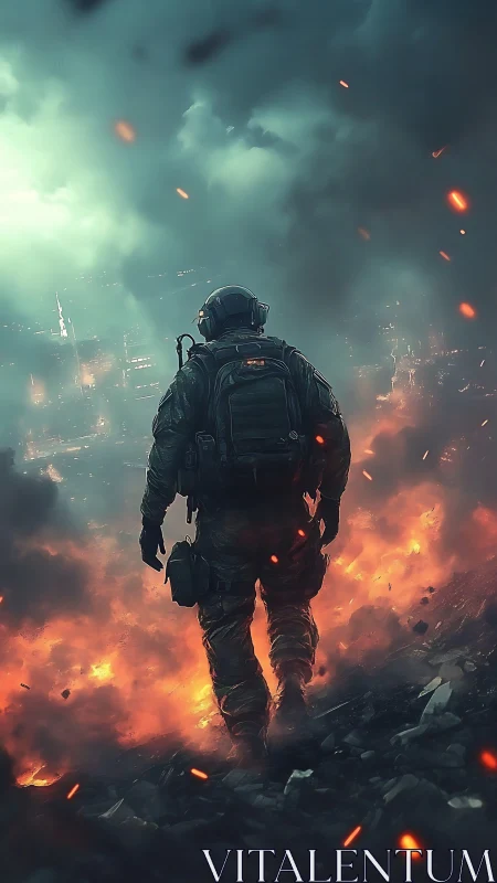Solitary soldier strides through burning war-torn dusk.