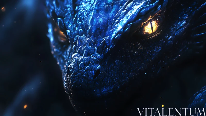 Blue scaled dragon face close-up with glowing eyes.
