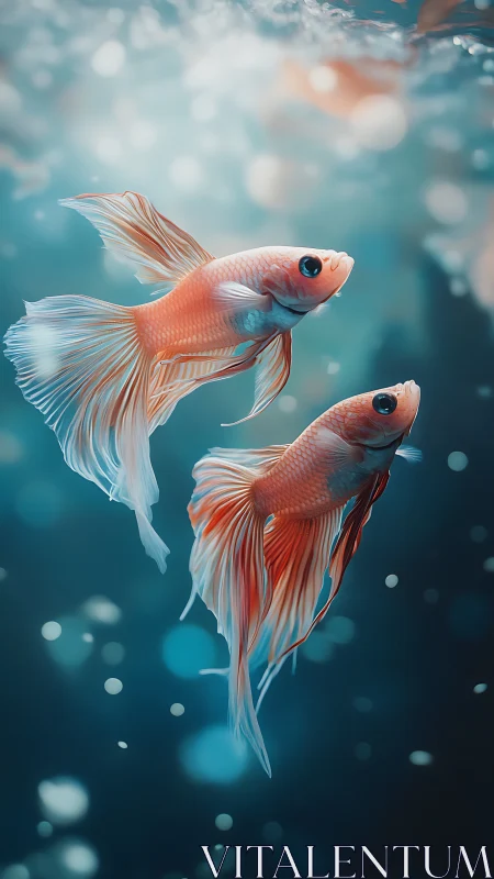 Two orange betta fish swim in soft-focus aquatic scene