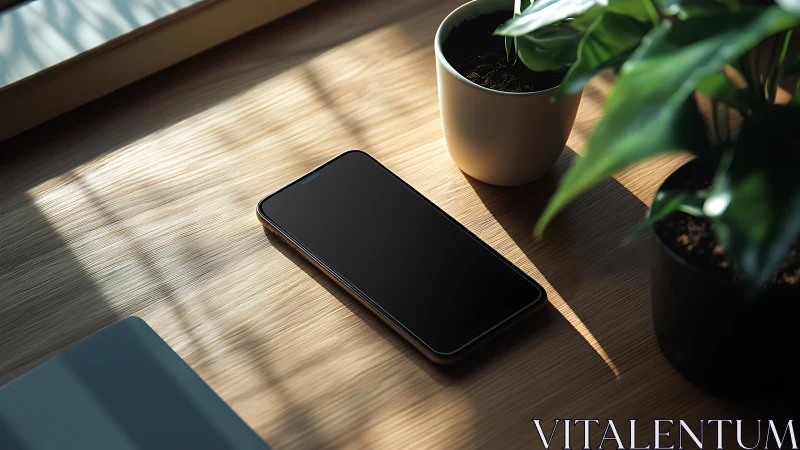 Smartphone on wooden desk with potted plant and natural window light