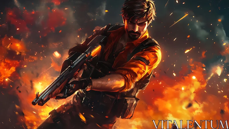 Battle-hardened gunfighter emerges through blazing inferno.