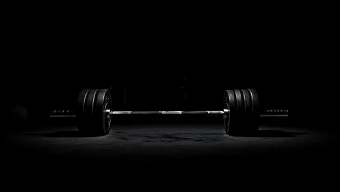 Low key gym barbell under directional overhead lighting on concrete