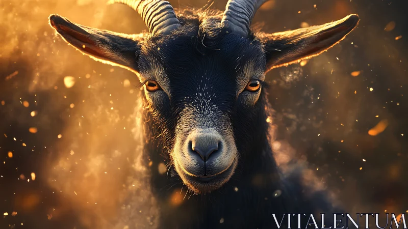 Golden backlit goat portrait with ember-like bokeh glow.