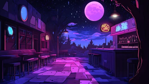 Neon moonlit rooftop bar glows softly over a sleeping city