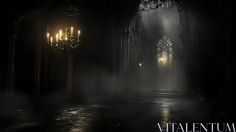 Candlelit gothic hall whispers softly through drifting mist