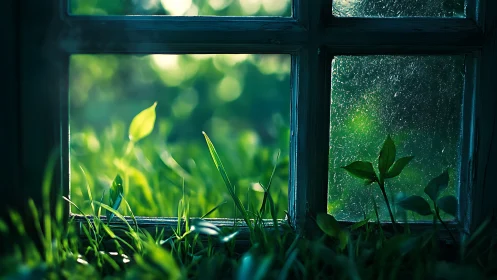 Sunlit grass and leaves framed by an aged rustic window pane