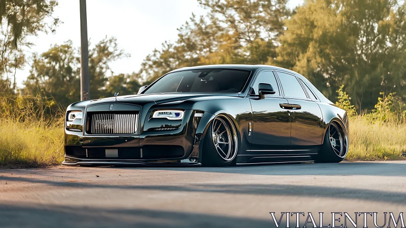 Low-rolling midnight Rolls Royce prowls the sunlit roadside.