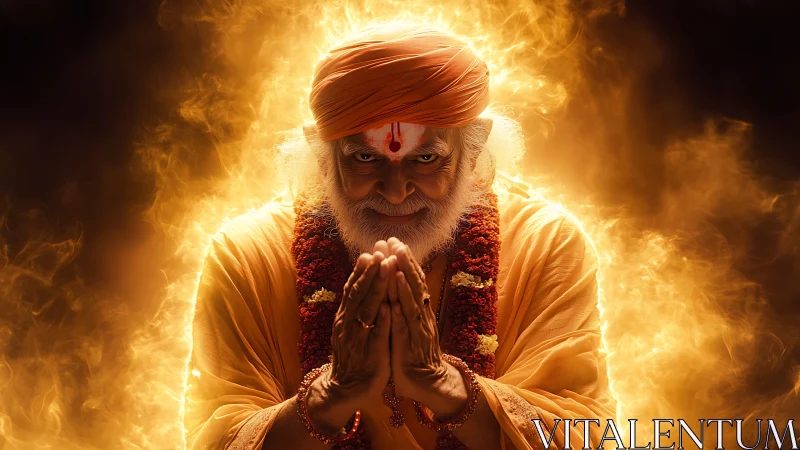 Mystic Hindu sage in fiery halo with folded hands in prayer.