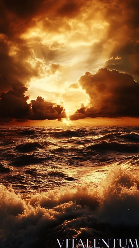 Dramatic golden-hour seascape renders turbulent sunlit waves
