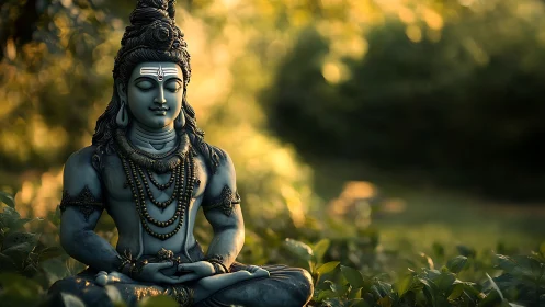 Blue stone serenity meditates beneath molten green light