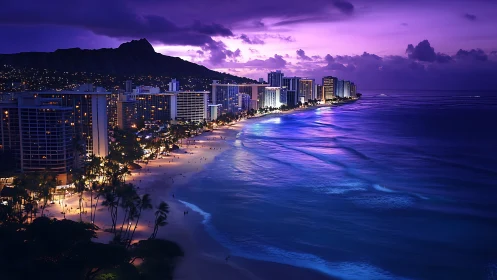 Twilight urban shoreline with neon-lit surf and skyline.