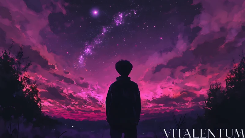 Silhouetted dreamer under magenta nebula dusk sky.