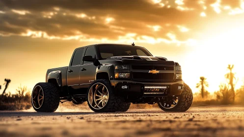 Lifted black Chevy Silverado on off-road desert trail at sunset
