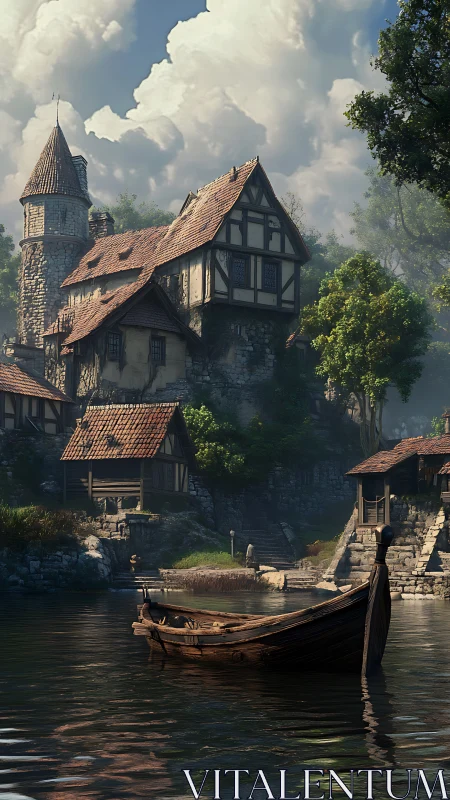 Riverside medieval haven where a lonely wooden boat dreams.